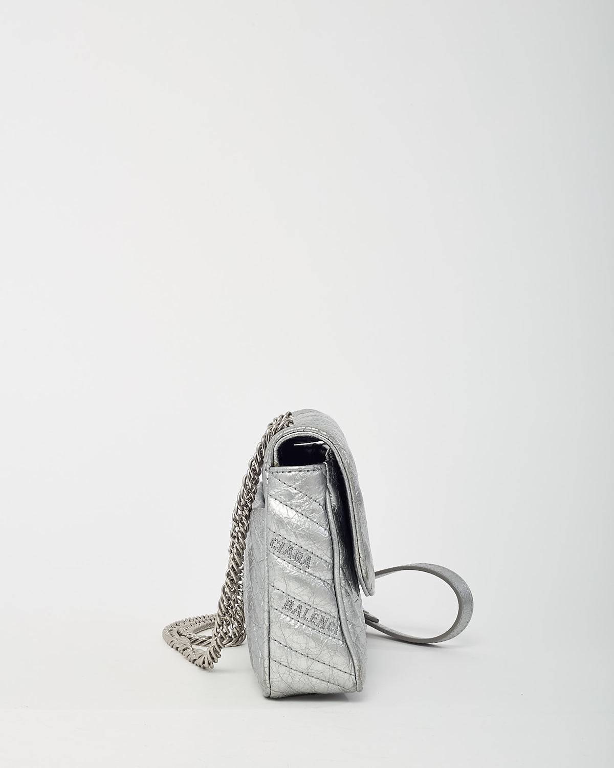 Balenciaga Metallic Silver BB Logo Embossed Leather Small Chain Flap Bag