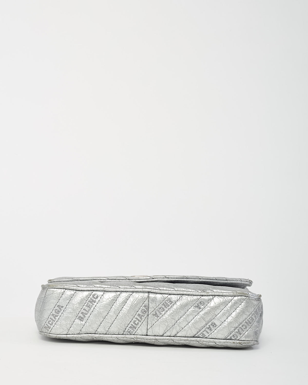 Balenciaga Metallic Silver BB Logo Embossed Leather Small Chain Flap Bag