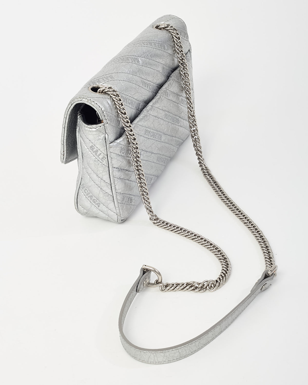 Balenciaga Metallic Silver BB Logo Embossed Leather Small Chain Flap Bag