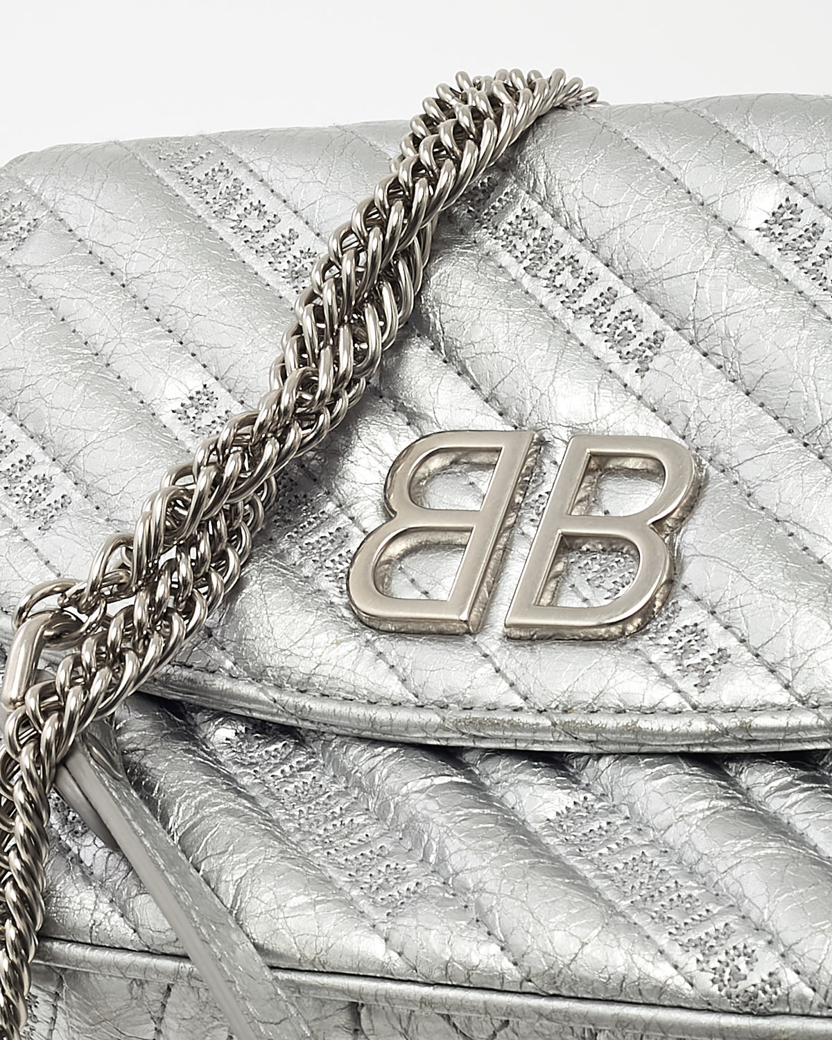 Balenciaga Metallic Silver BB Logo Embossed Leather Small Chain Flap Bag