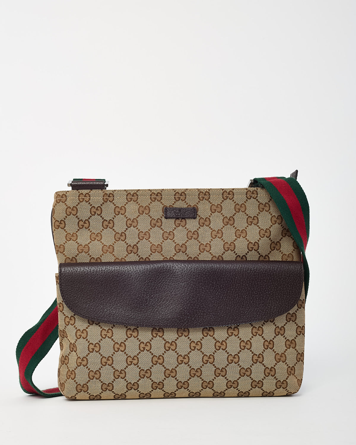 Gucci Beige and Brown GG Monogram Canvas Brown Leather Flap Messenger Crossbody Bag