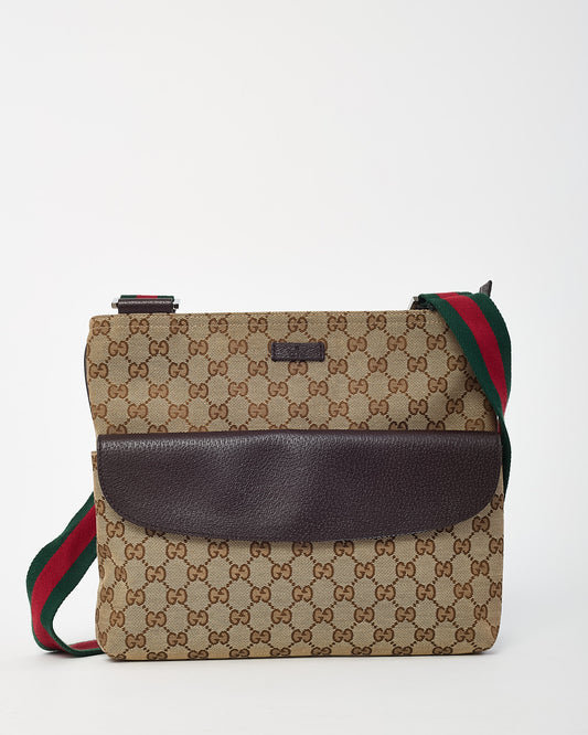 Gucci Beige and Brown GG Monogram Canvas Brown Leather Flap Messenger Crossbody Bag