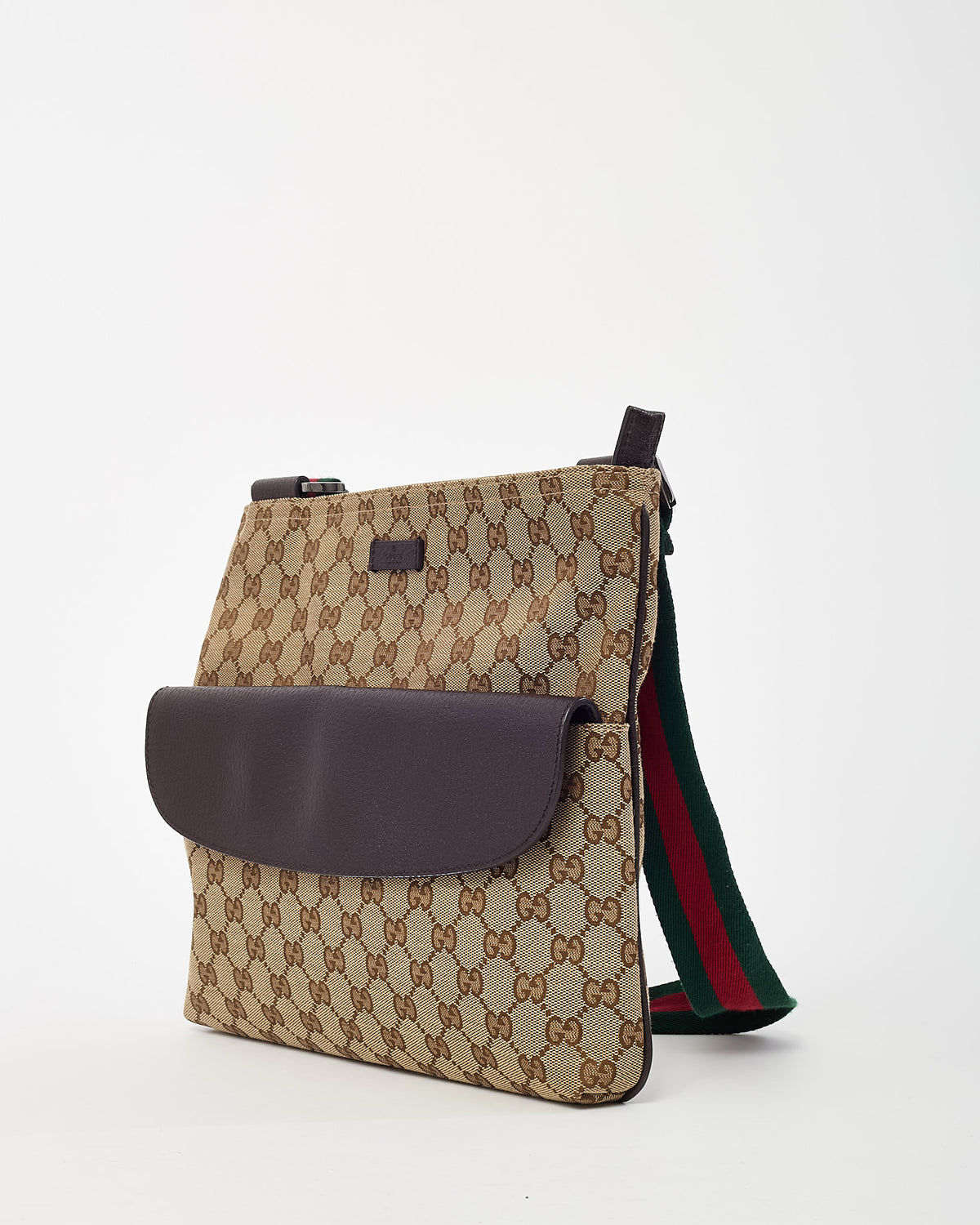 Gucci Beige and Brown GG Monogram Canvas Brown Leather Flap Messenger Crossbody Bag