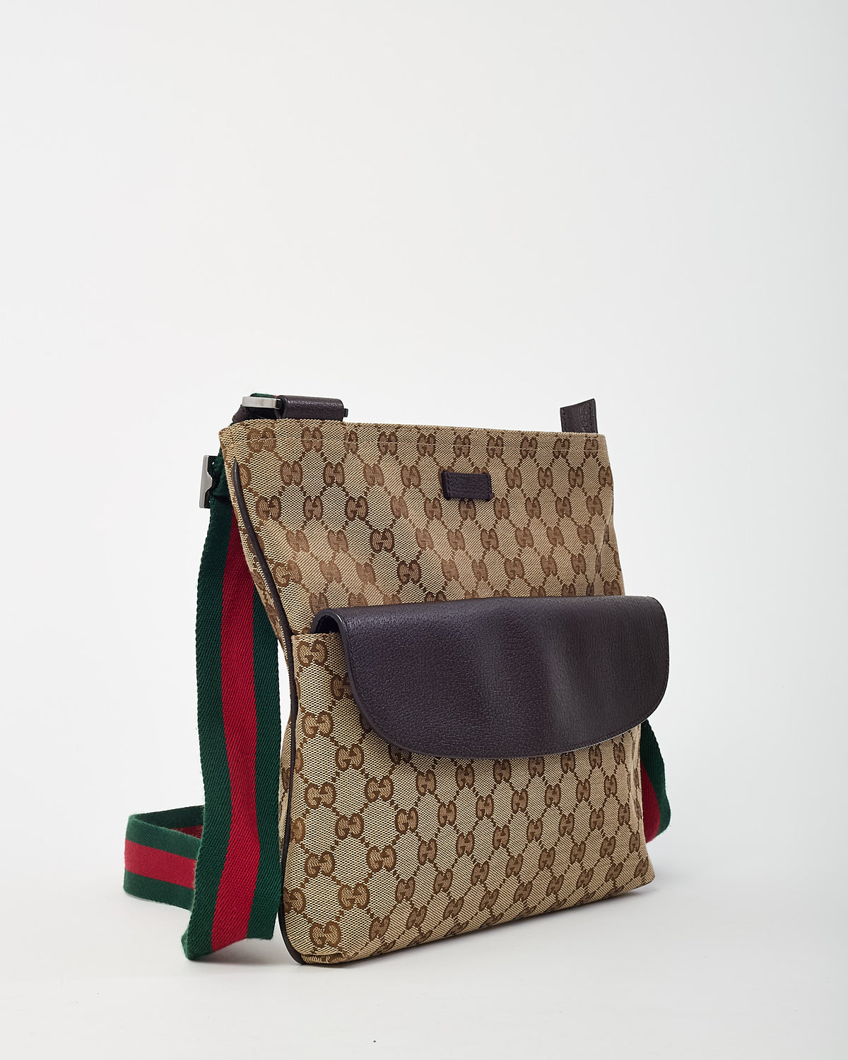 Gucci Beige and Brown GG Monogram Canvas Brown Leather Flap Messenger Crossbody Bag