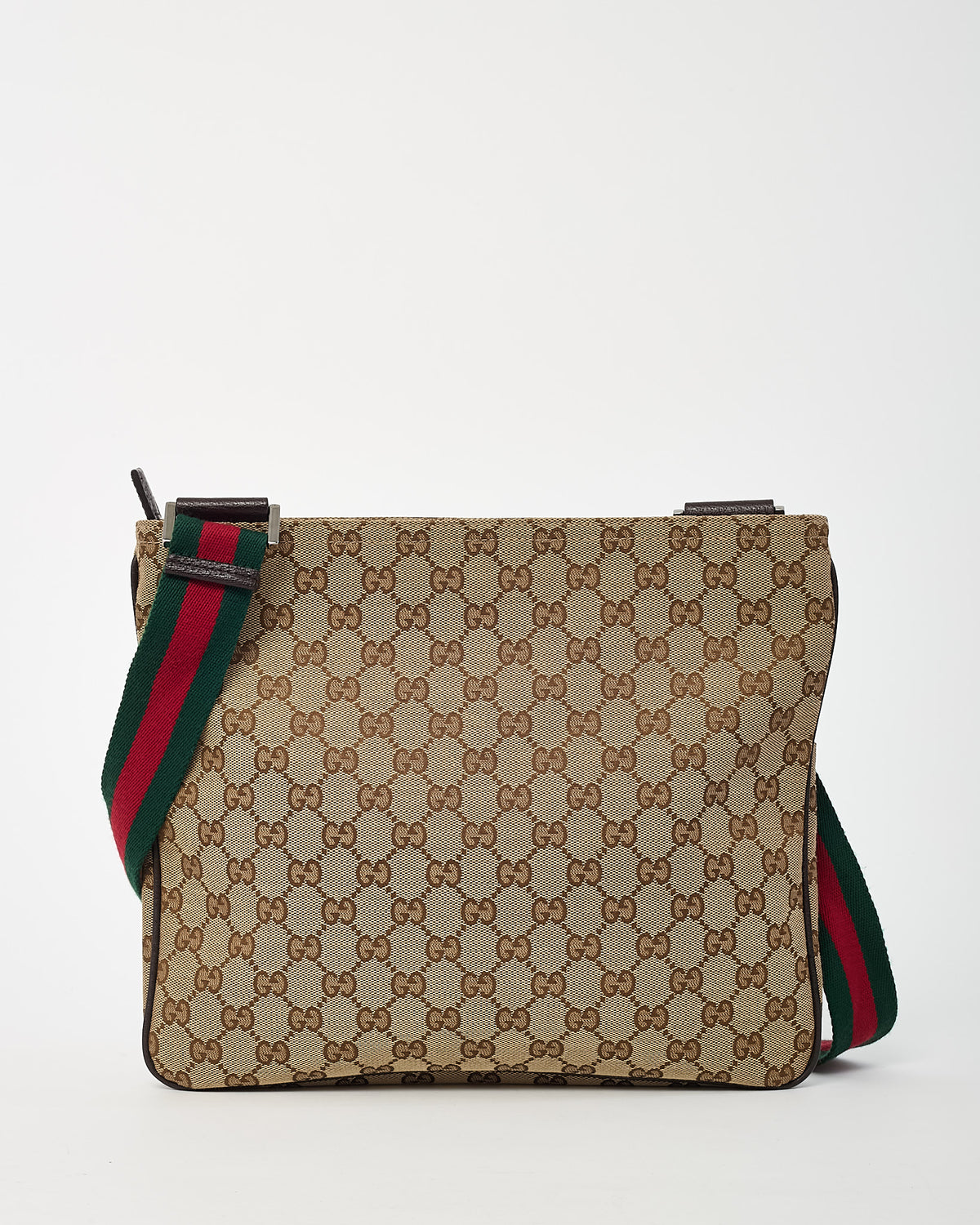 Gucci Beige and Brown GG Monogram Canvas Brown Leather Flap Messenger Crossbody Bag
