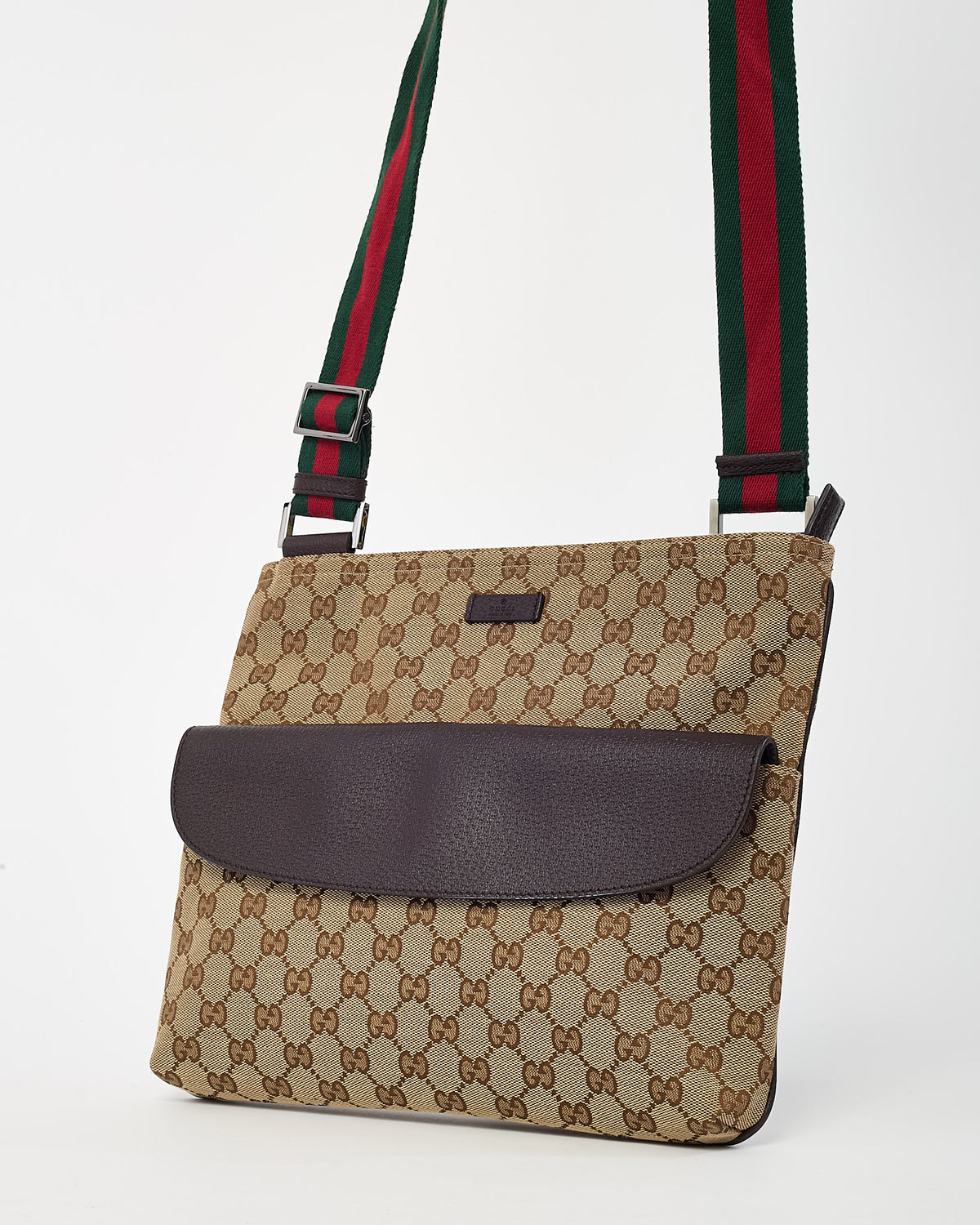 Gucci Beige and Brown GG Monogram Canvas Brown Leather Flap Messenger Crossbody Bag