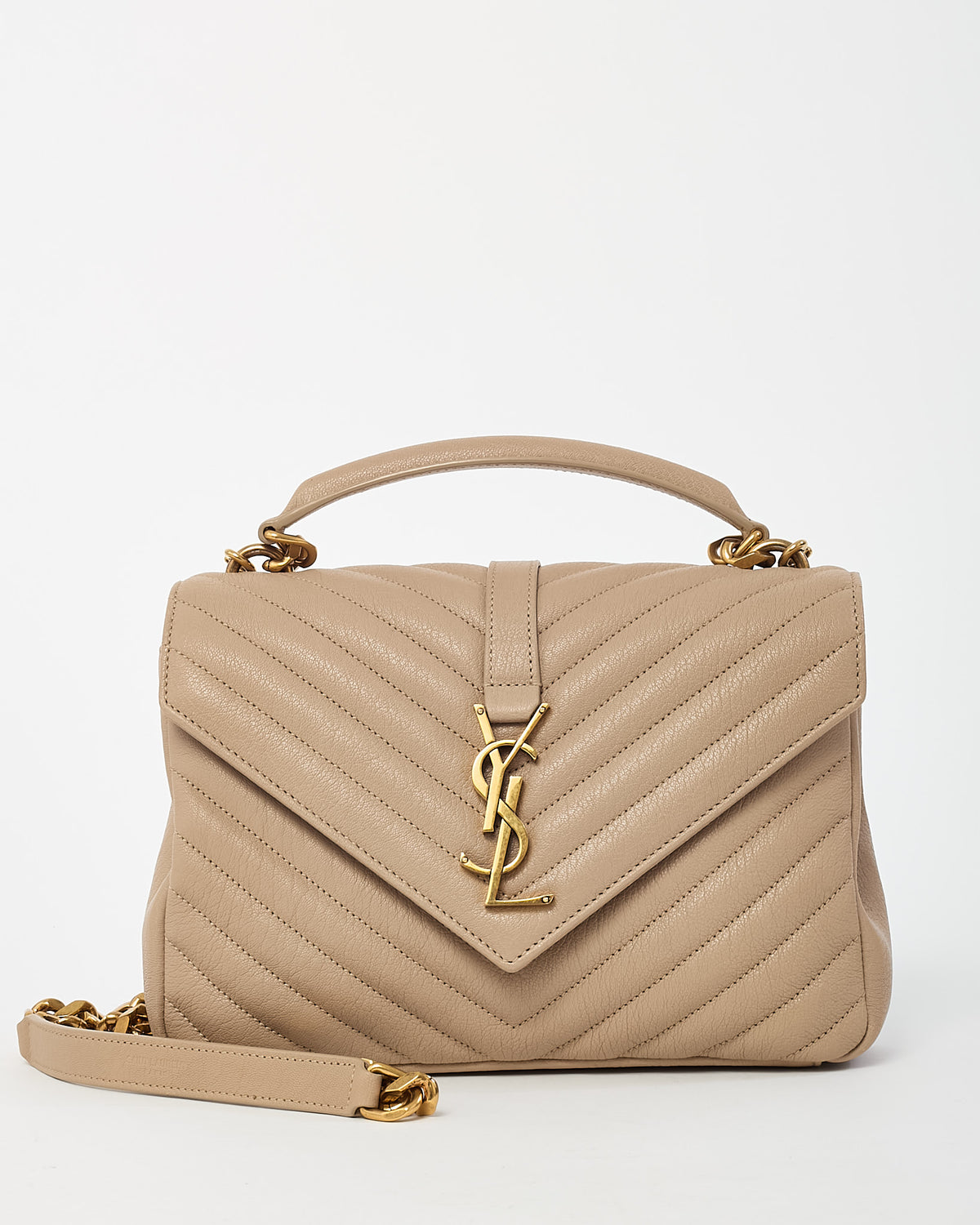 Saint Laurent Beige Quilted Chevron Leather Medium College Bag GHW