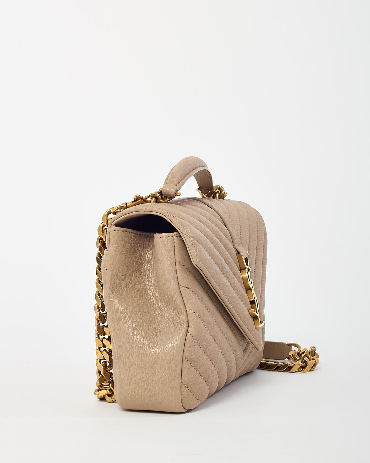 Saint Laurent Beige Quilted Chevron Leather Medium College Bag GHW