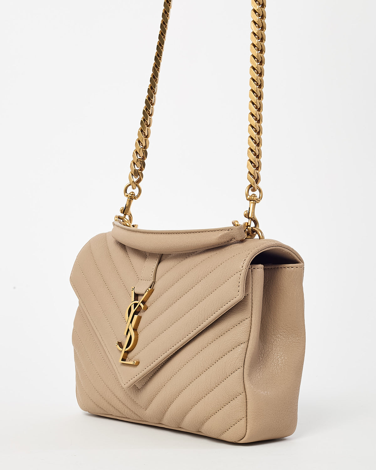 Saint Laurent Beige Quilted Chevron Leather Medium College Bag GHW