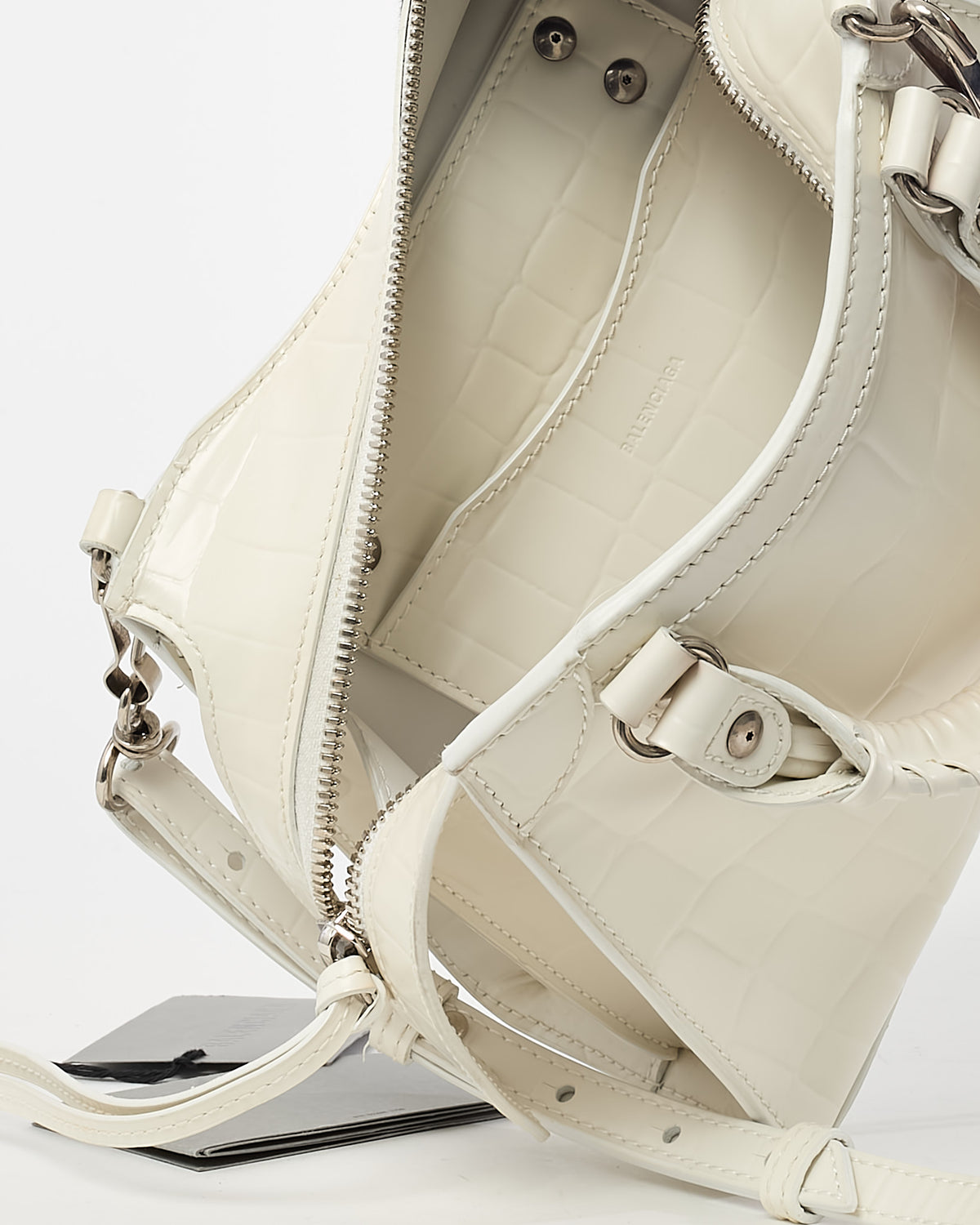 Balenciaga White Crocodile Embossed Neo Classic Silver Hardware Super Nano City Crossbody
