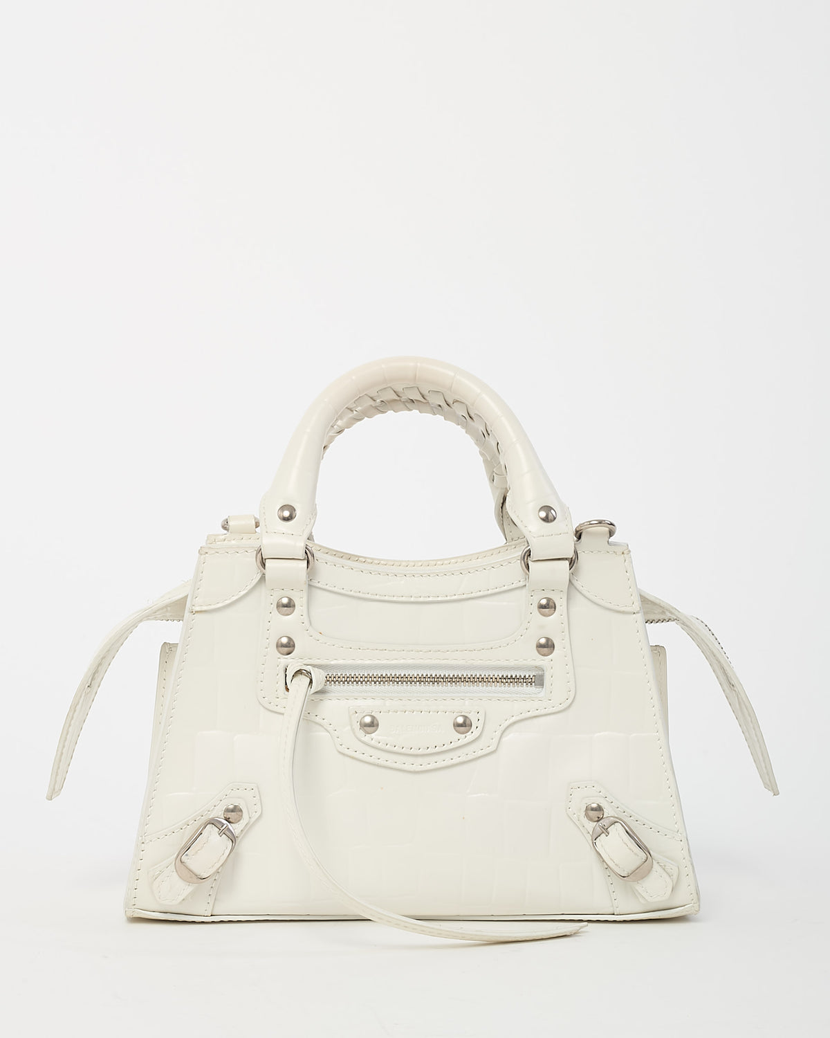Balenciaga White Crocodile Embossed Neo Classic Silver Hardware Super Nano City Crossbody