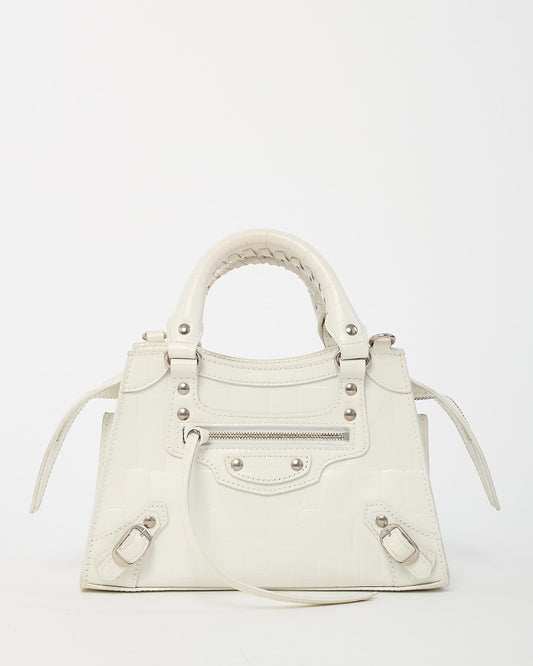 Balenciaga White Crocodile Embossed Neo Classic Silver Hardware Super Nano City Crossbody