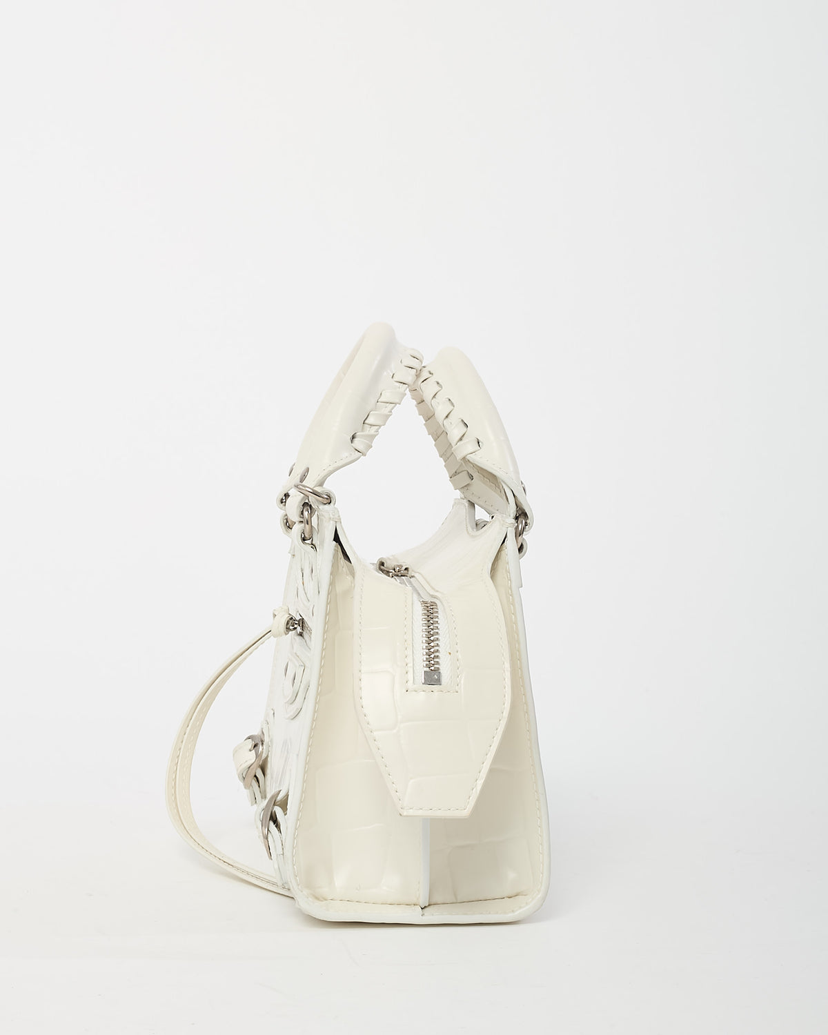 Balenciaga White Crocodile Embossed Neo Classic Silver Hardware Super Nano City Crossbody