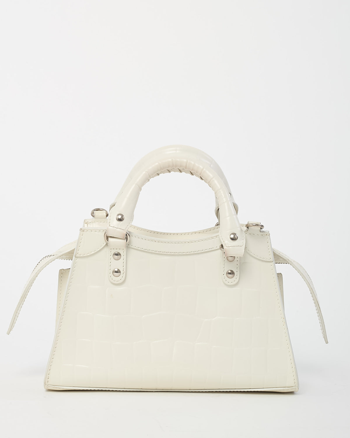 Balenciaga White Crocodile Embossed Neo Classic Silver Hardware Super Nano City Crossbody