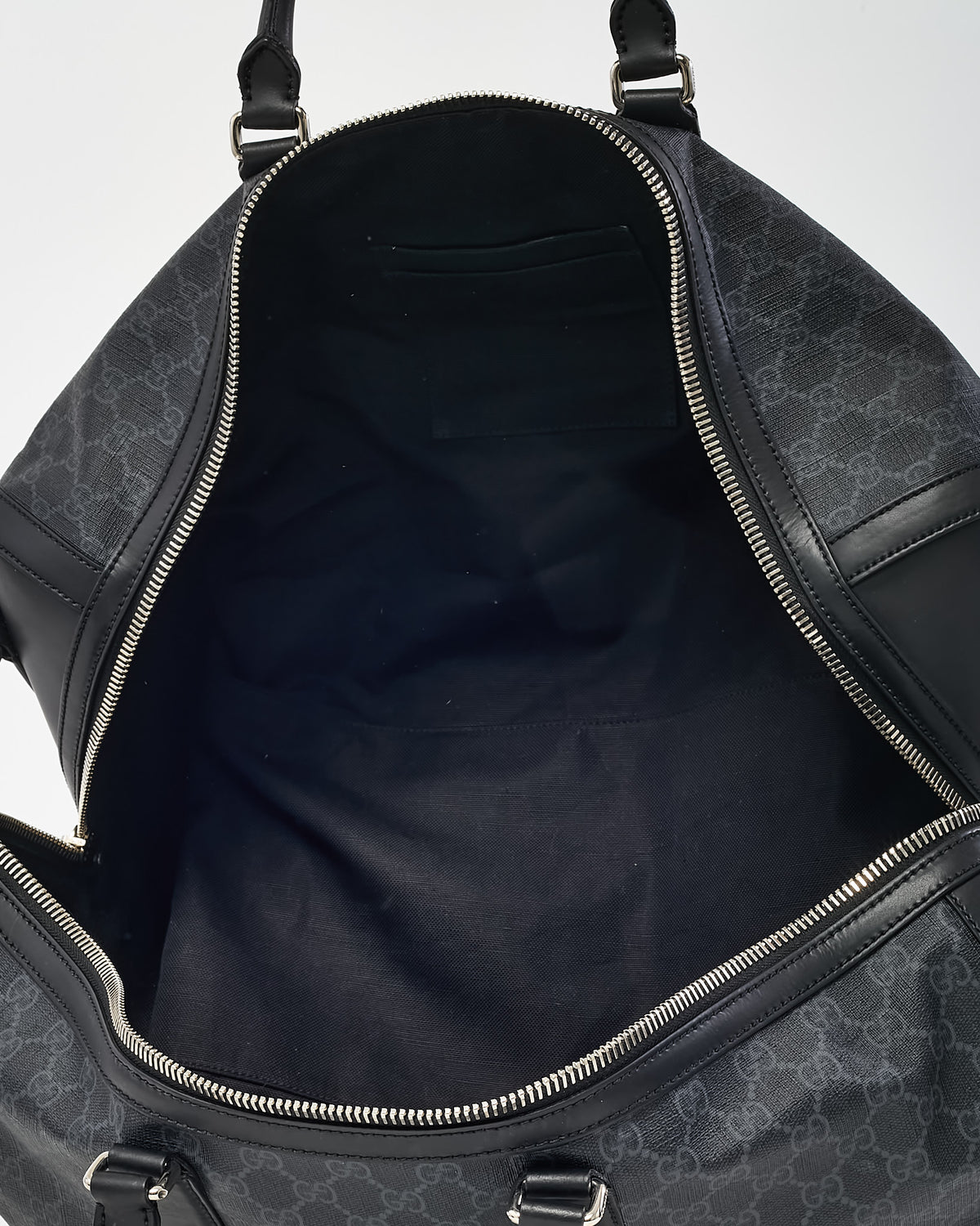 Gucci Black GG Leather-Trimmed Monogrammed Supreme Coated Canvas Duffle Bag with Strap