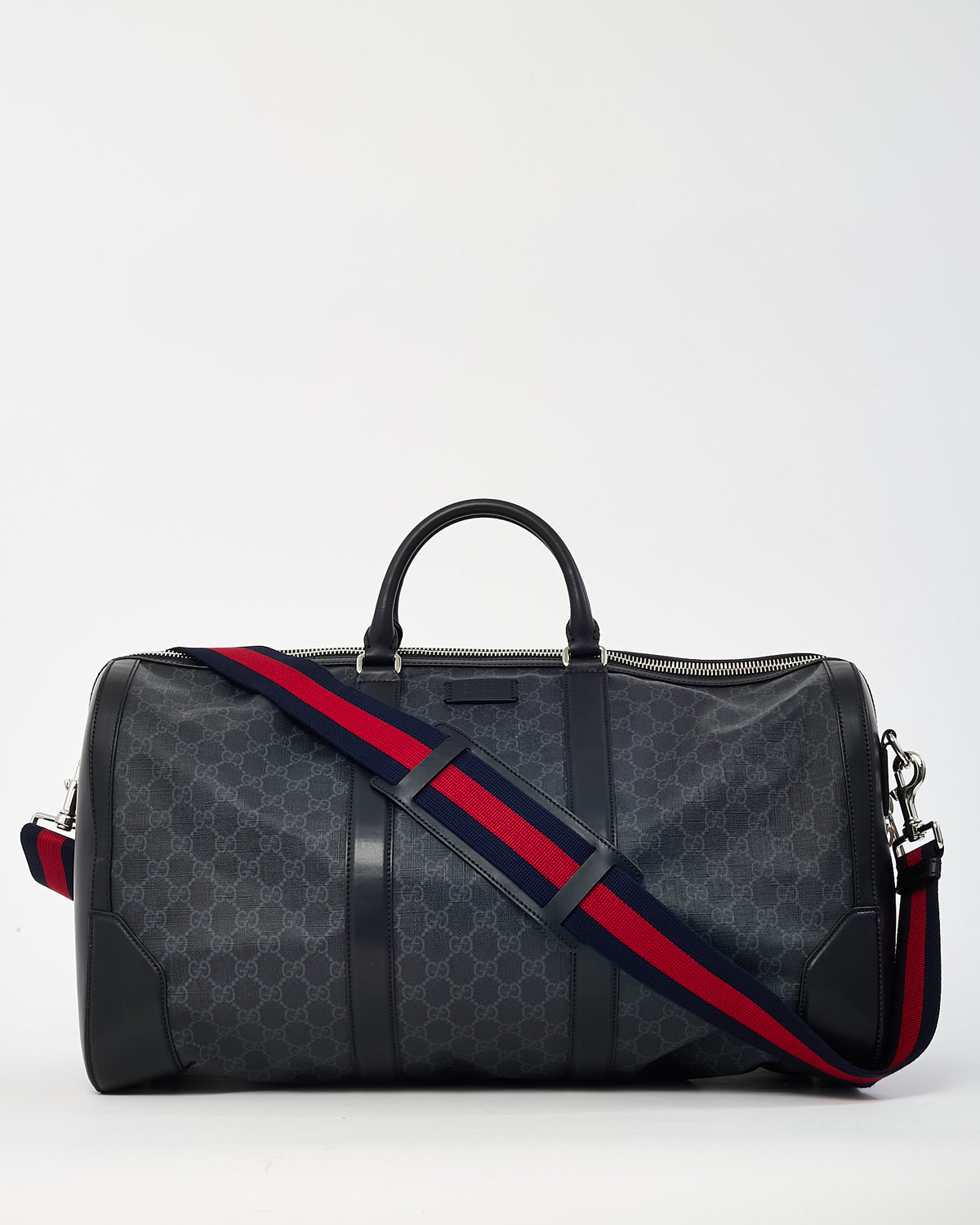 Gucci Black GG Leather-Trimmed Monogrammed Supreme Coated Canvas Duffle Bag with Strap