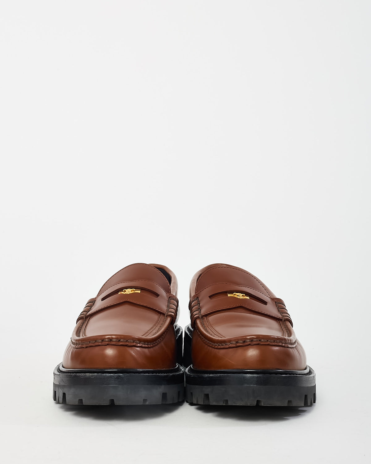 Celine Brown Brushed Leather Gold Logo Penny Loafers - 39.5