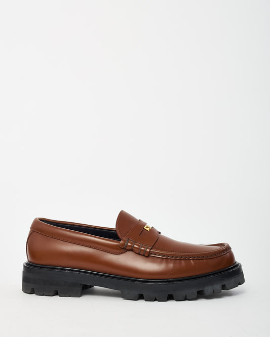 Celine Brown Brushed Leather Gold Logo Penny Loafers - 39.5