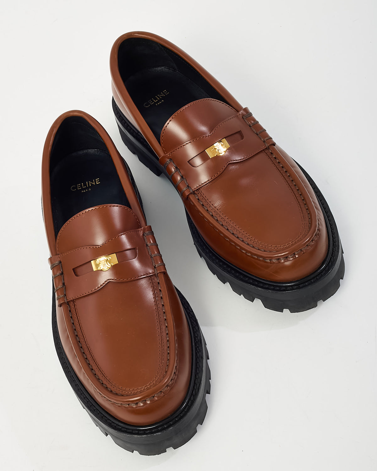Celine Brown Brushed Leather Gold Logo Penny Loafers - 39.5