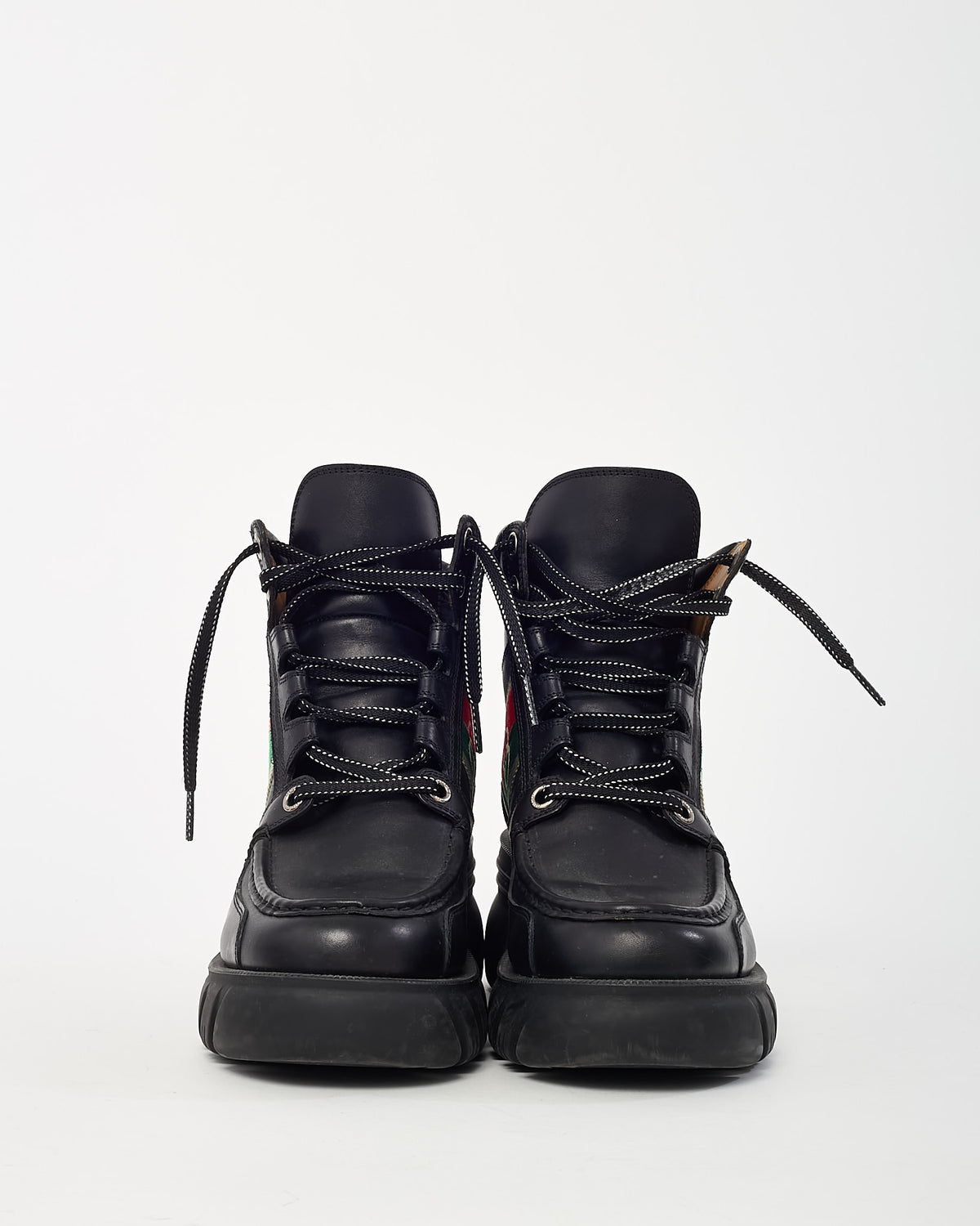 Gucci Black Leather Embroidered GG and Web Stripe Romance Lace-Up Combat Boots - 40