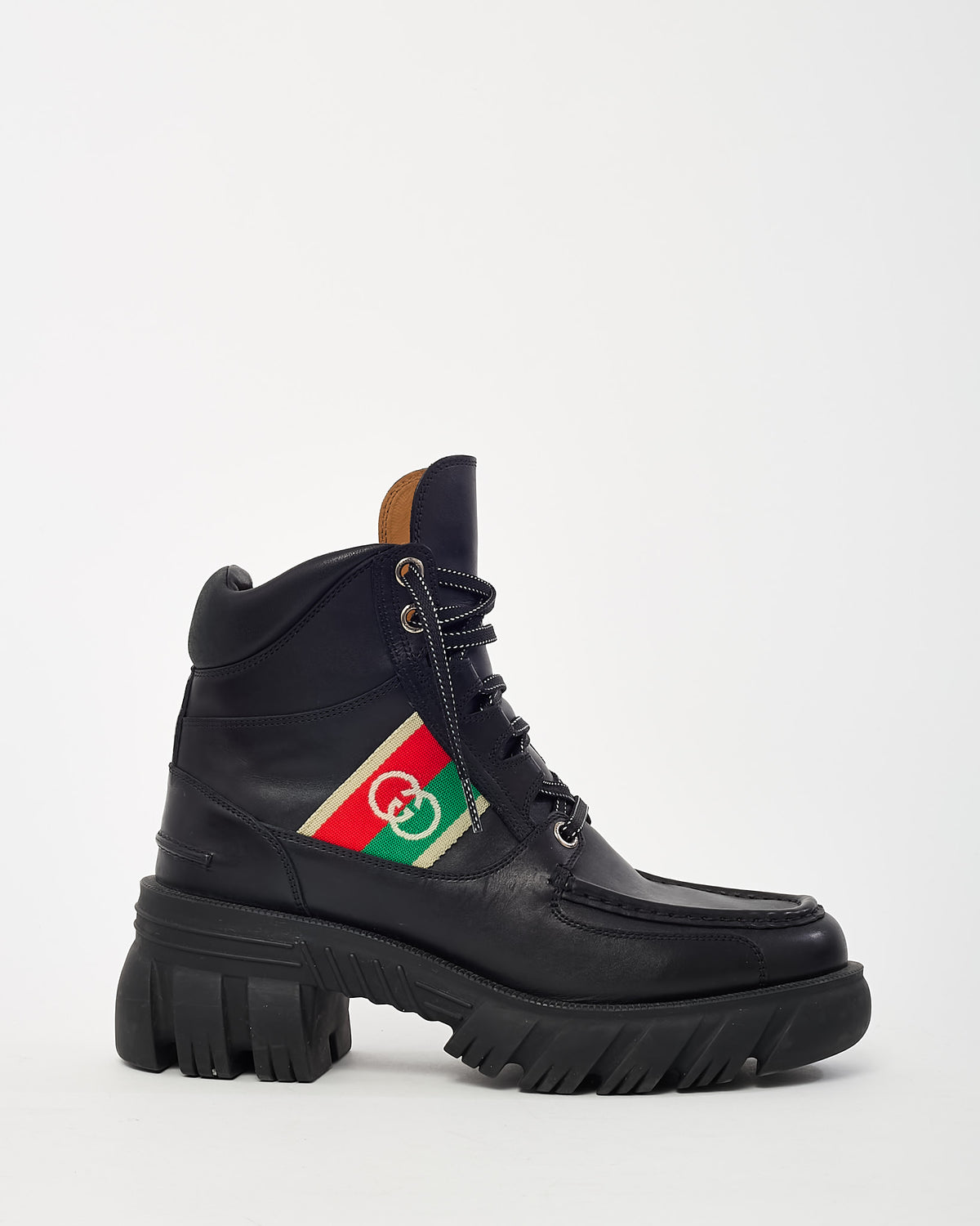 Gucci Black Leather Embroidered GG and Web Stripe Romance Lace-Up Combat Boots - 40