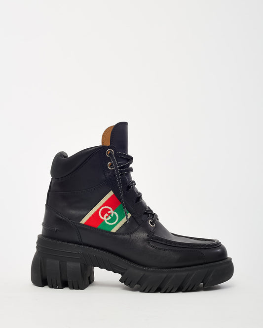 Gucci Black Leather Embroidered GG and Web Stripe Romance Lace-Up Combat Boots - 40