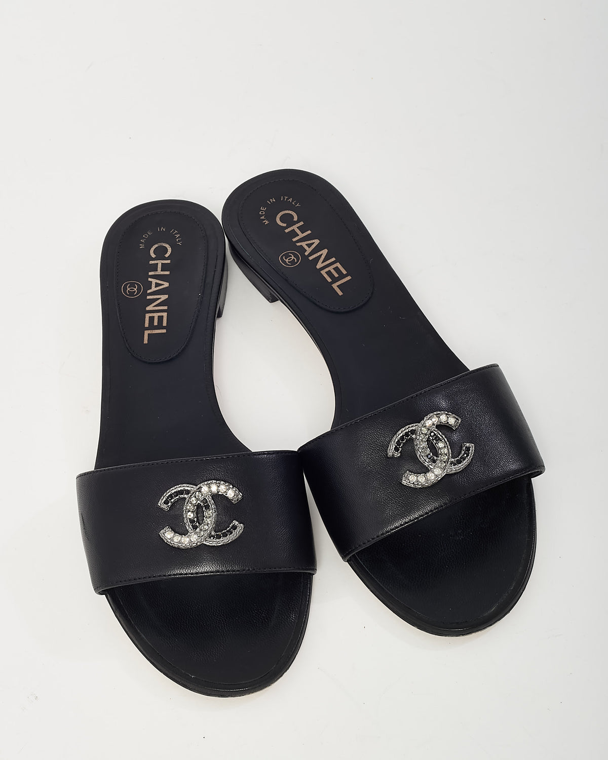 Chanel Black Leather Crystal CC Logo Mule Sandals - 38
