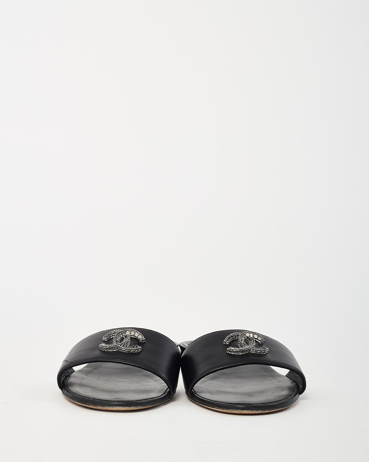 Chanel Black Leather Crystal CC Logo Mule Sandals - 38