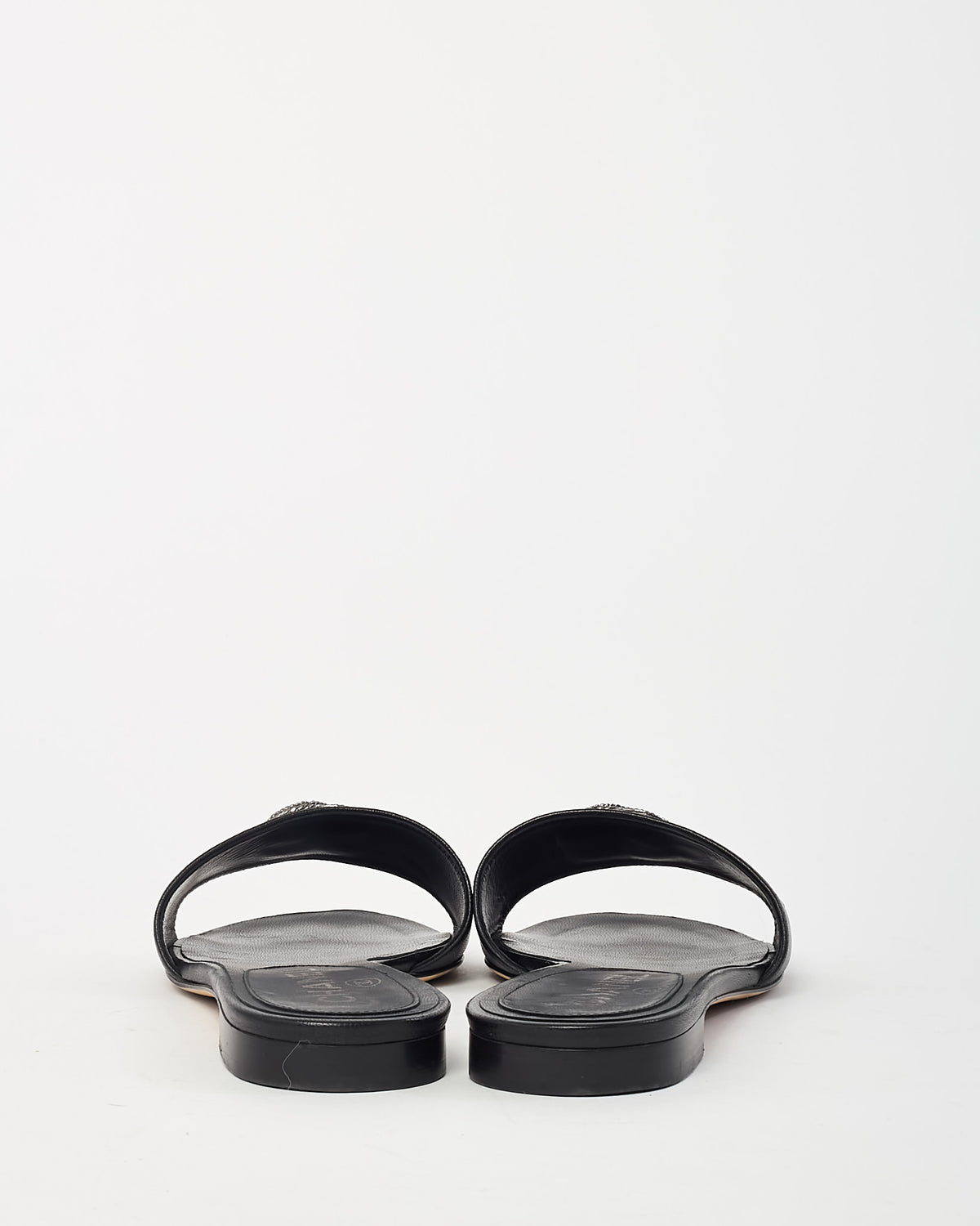 Chanel Black Leather Crystal CC Logo Mule Sandals - 38