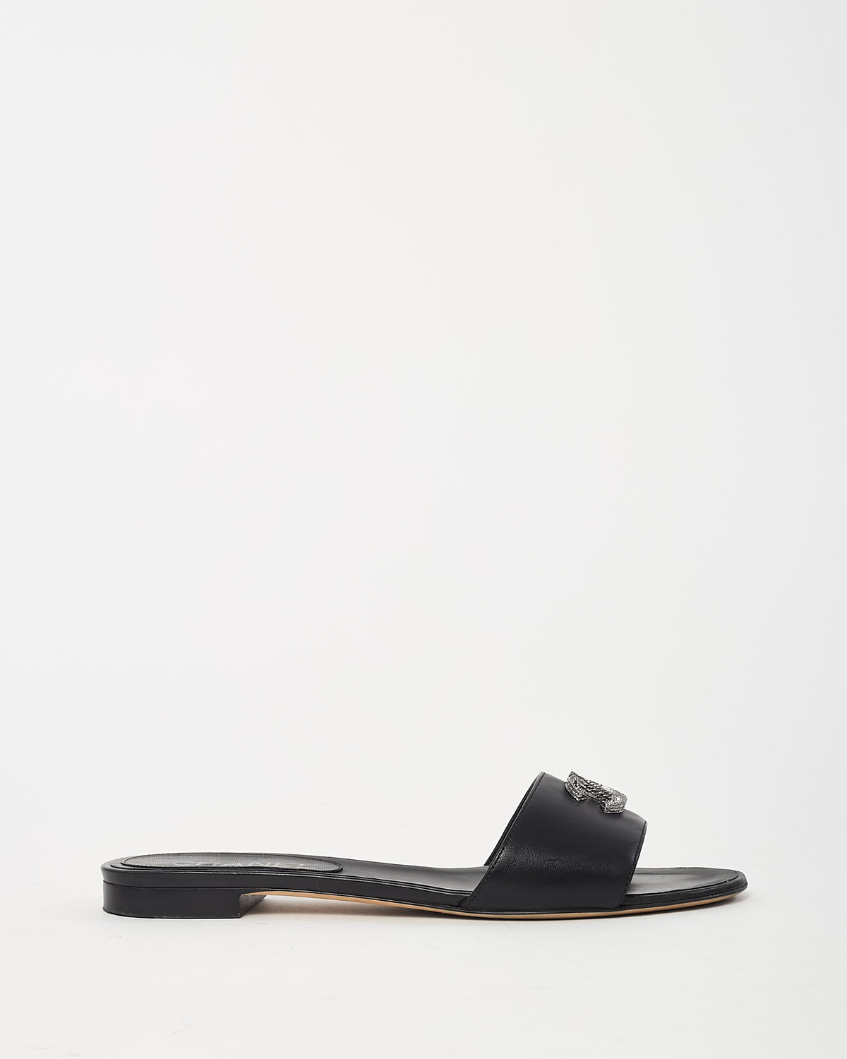 Chanel Black Leather Crystal CC Logo Mule Sandals - 38