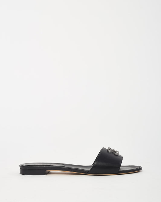 Chanel Black Leather Crystal CC Logo Mule Sandals - 38