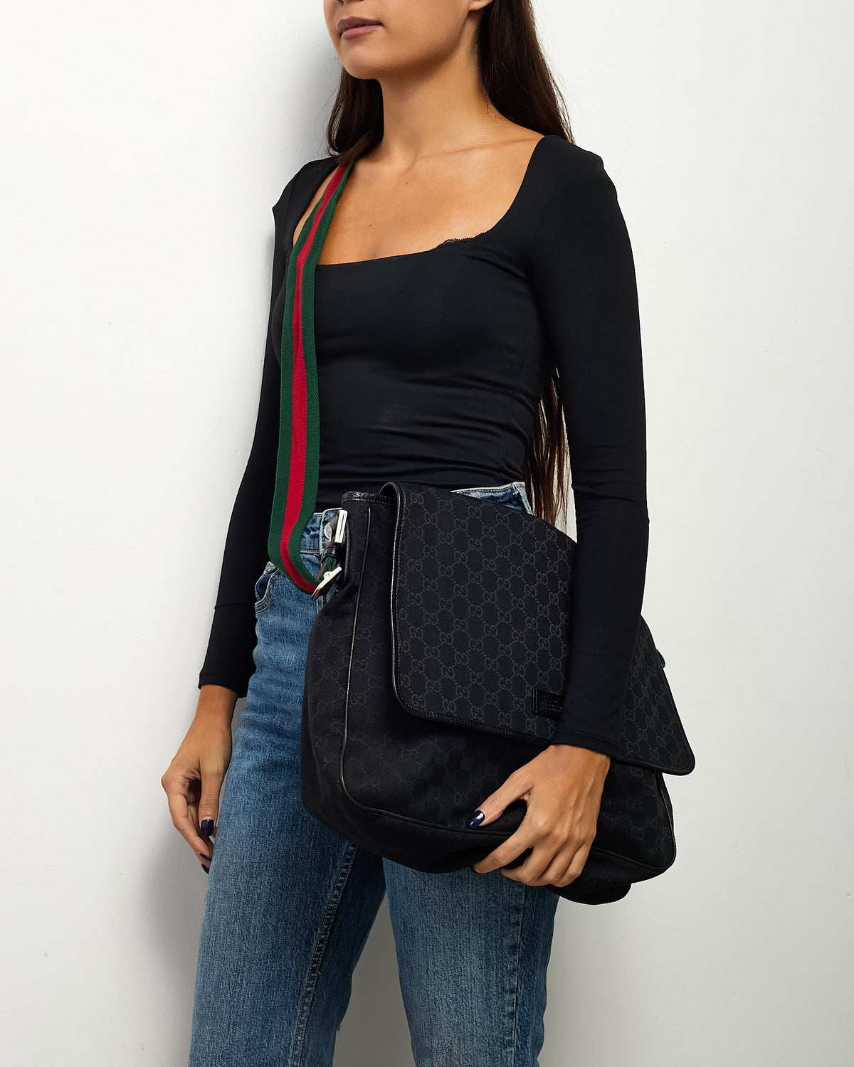 Gucci Black GG Monogram Canvas Web Strap Messenger Bag