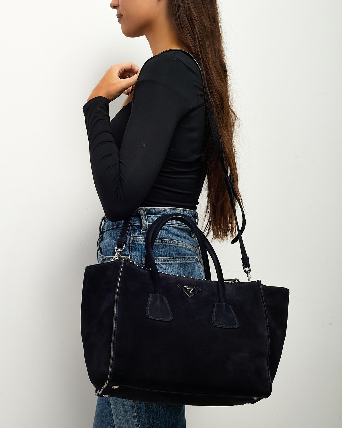 Prada Black Suede Twin Pocket Tote Bag with Strap