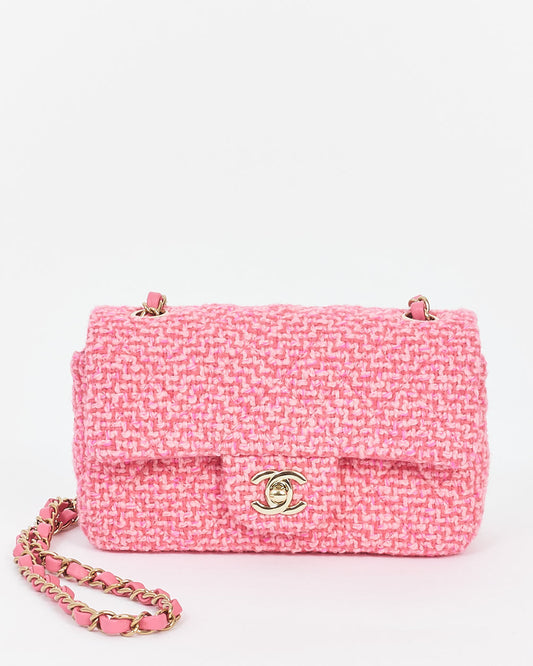 Mini sac à rabat rectangulaire en tweed classique rose Chanel