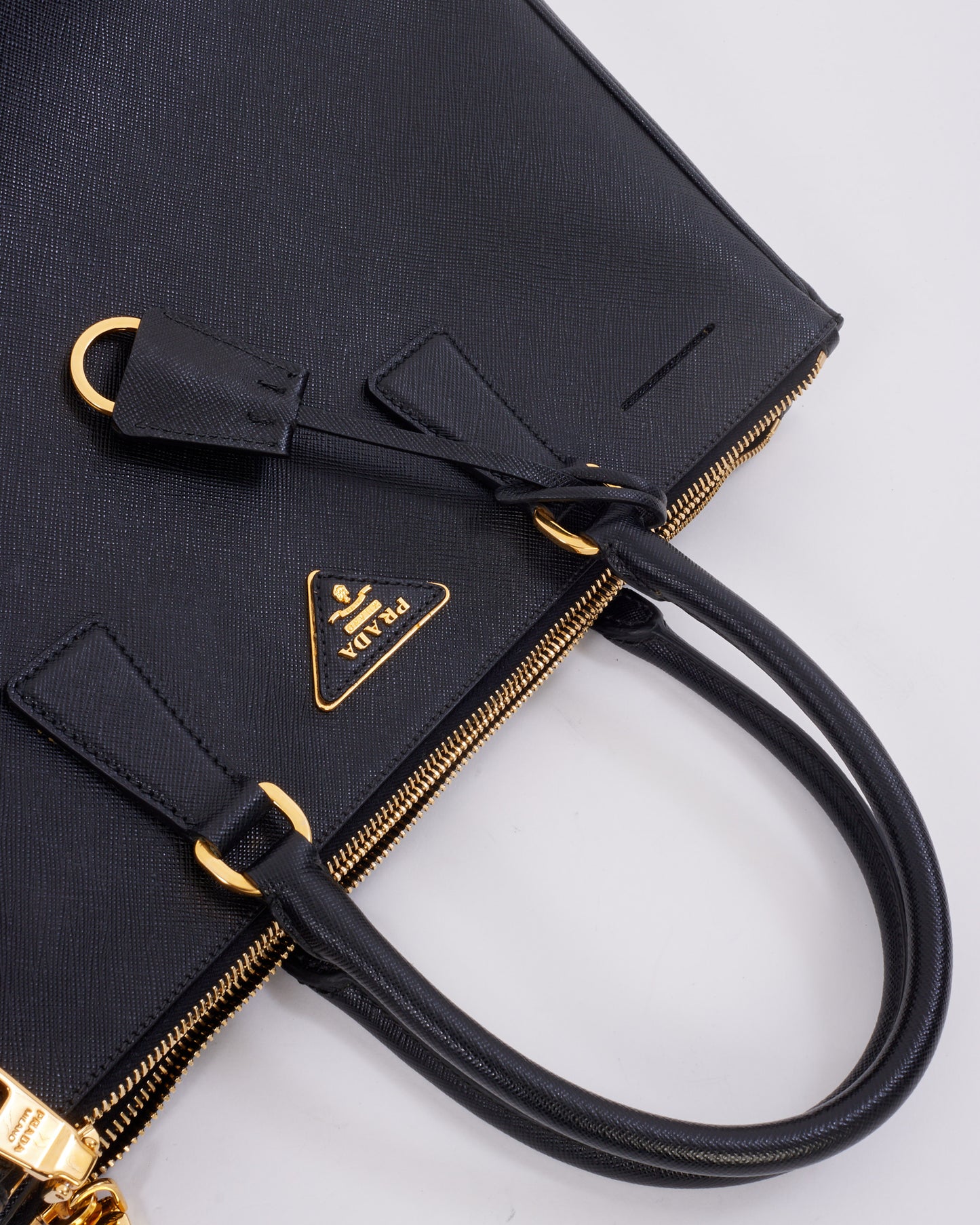 Prada Black Saffiano Leather Double Zip Medium Galleria Top Handle Bag