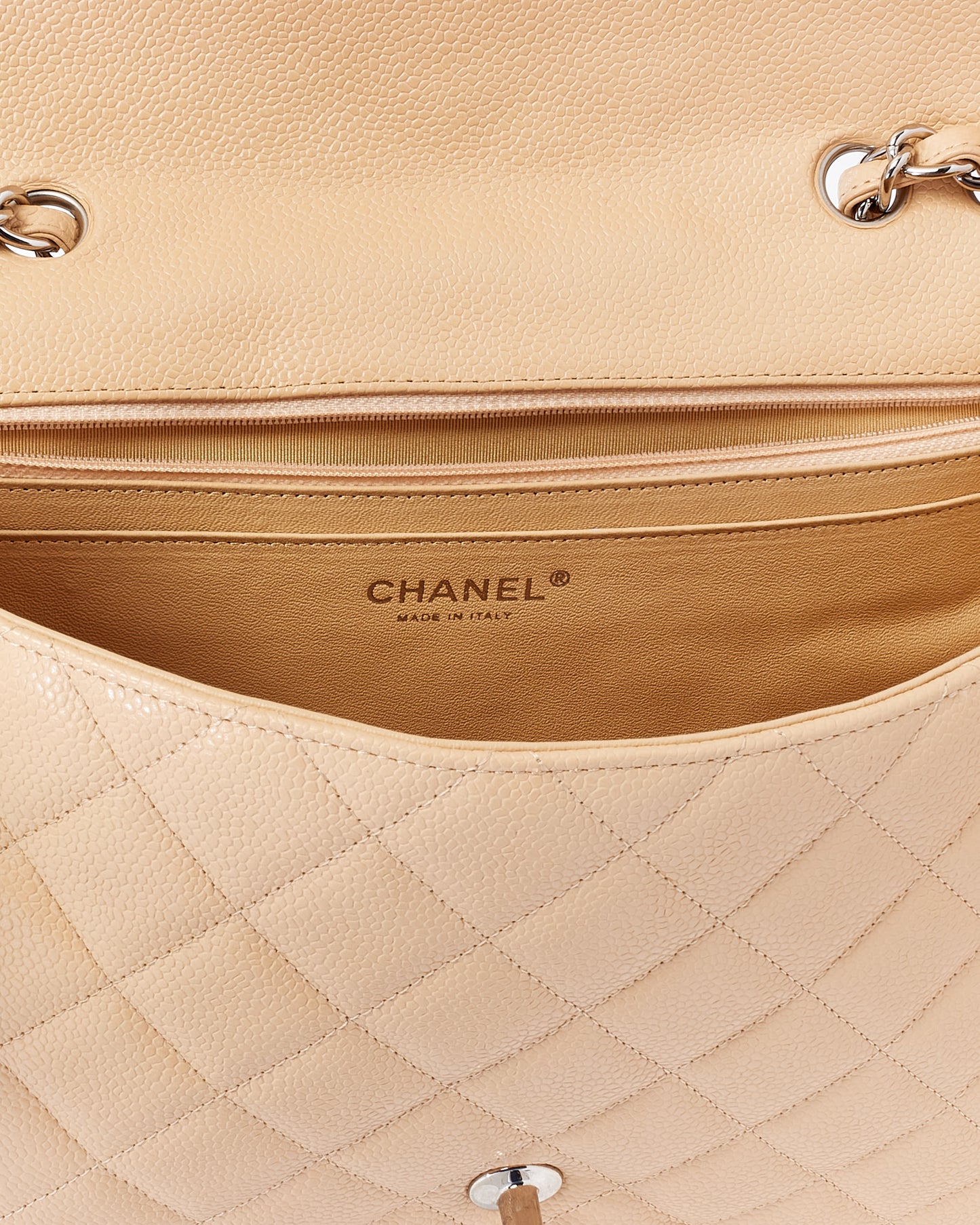 Chanel Beige Quilted Caviar Leather Jumbo Single Flap Bag with Silver Hardware