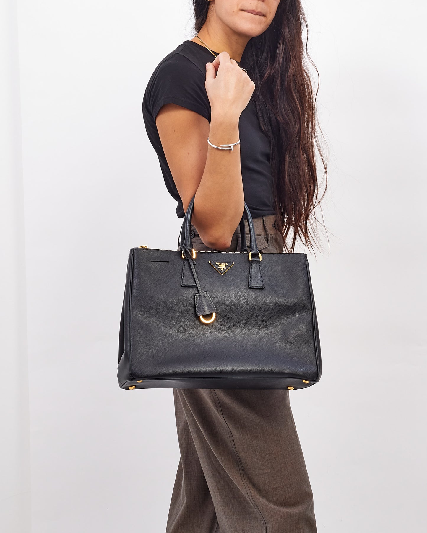 Prada Black Saffiano Leather Double Zip Medium Galleria Top Handle Bag