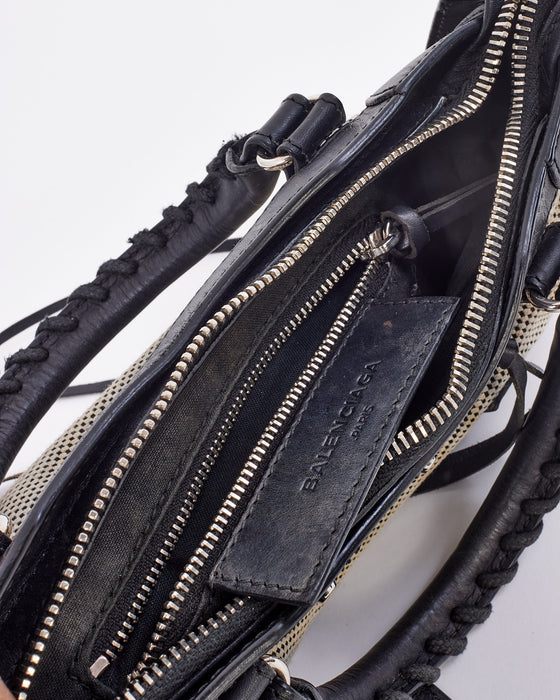 Balenciaga Black & White Leather & Canvas Motocross Classic Mini City Bag