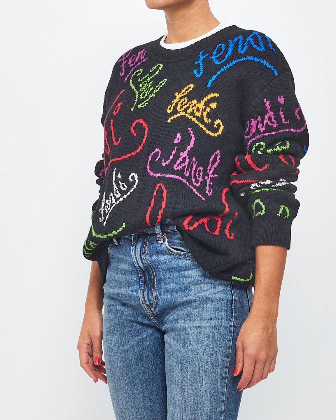 Fendi Pull en laine tricoté graphique avec logo Intarsia noir et multicolore - 54 (XXL)