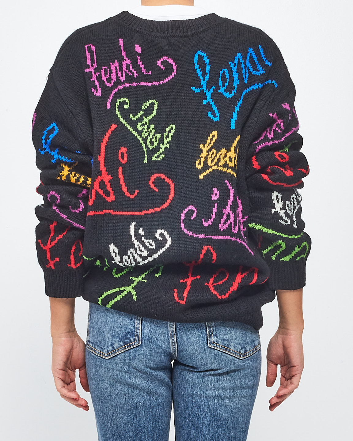 Fendi Pull en laine tricoté graphique avec logo Intarsia noir et multicolore - 54 (XXL)