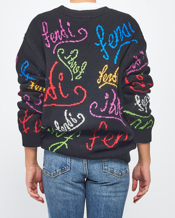 Fendi Black & Multicolor Intarsia Logo Graphic Knit Wool Sweater - 54 (XXL)