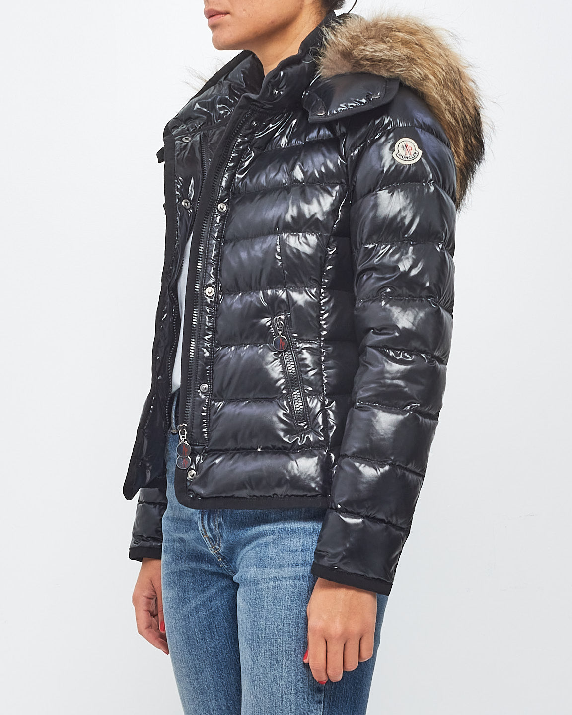 Explore a Moncler Black Down Badyf Fur Hood Puffer Jacket XS