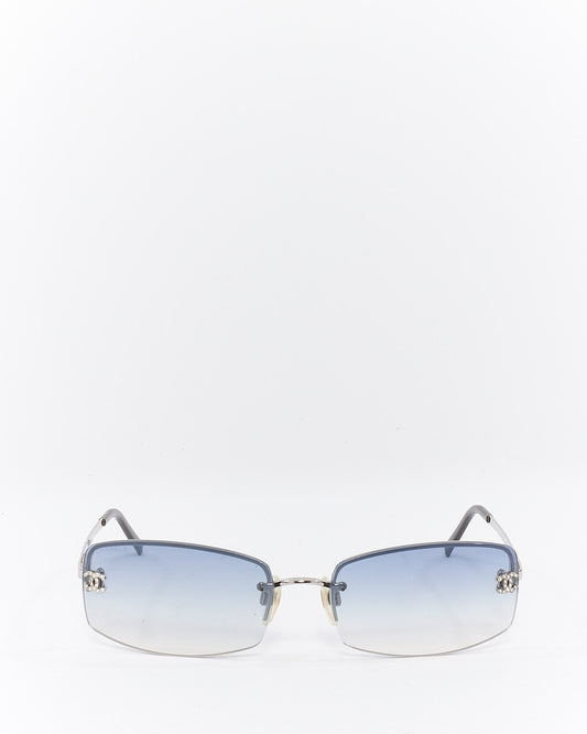 Chanel Vintage Silver Metal Blue Lense Crystal CC Sunglasses