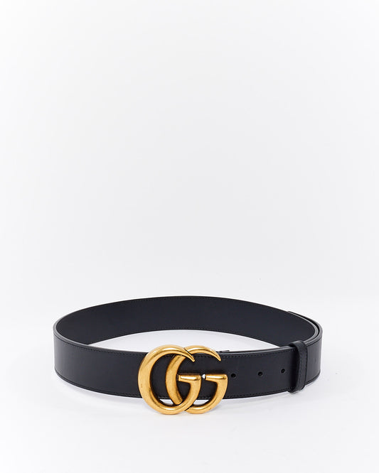 Gucci Black Smooth Leather Brushed Gold Double GG Marmont Belt - 85/30
