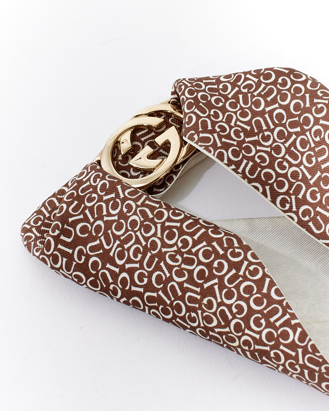 Gucci Brown and White Monogram Silk Silver Logo Twilly