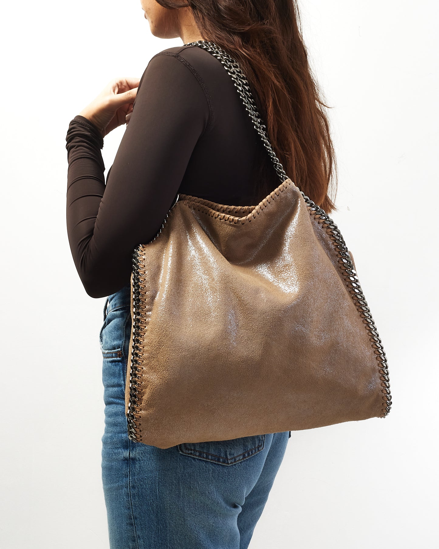 Stella McCartney Beige Vegan Leather Falabella Fold Over Shoulder Bag