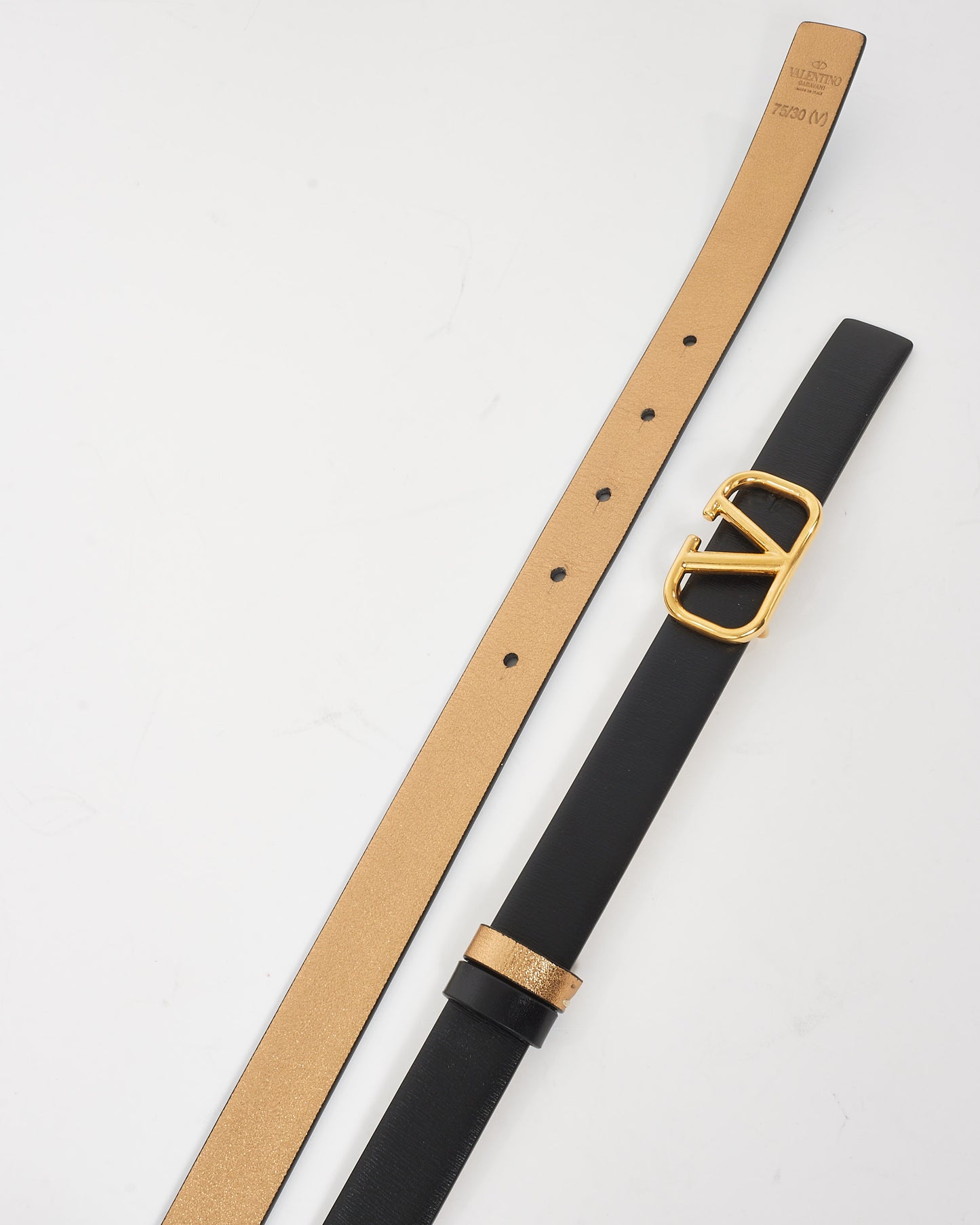 Valentino Black & Gold Leather Reversible Thin VLogo Belt - 75/30