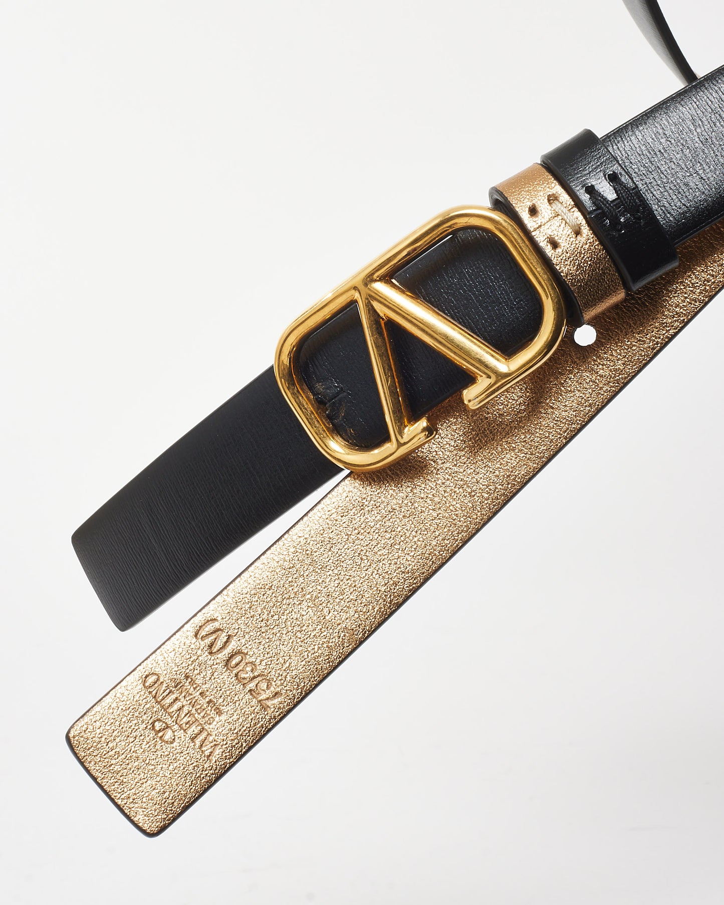 Valentino Black & Gold Leather Reversible Thin VLogo Belt - 75/30