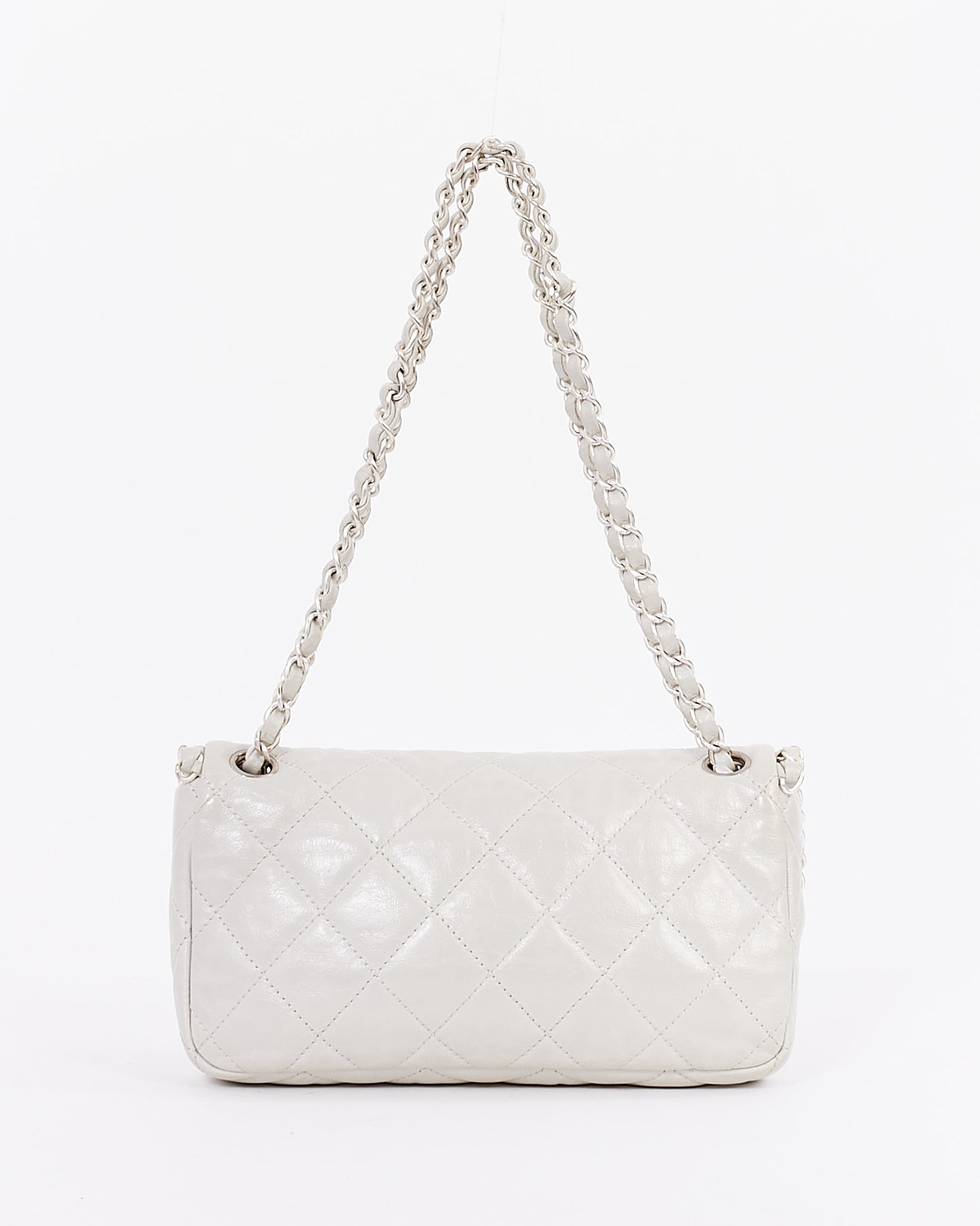 Chanel Light Grey Aged Quilted Lambskin Small Chain Around Single Flap Bag