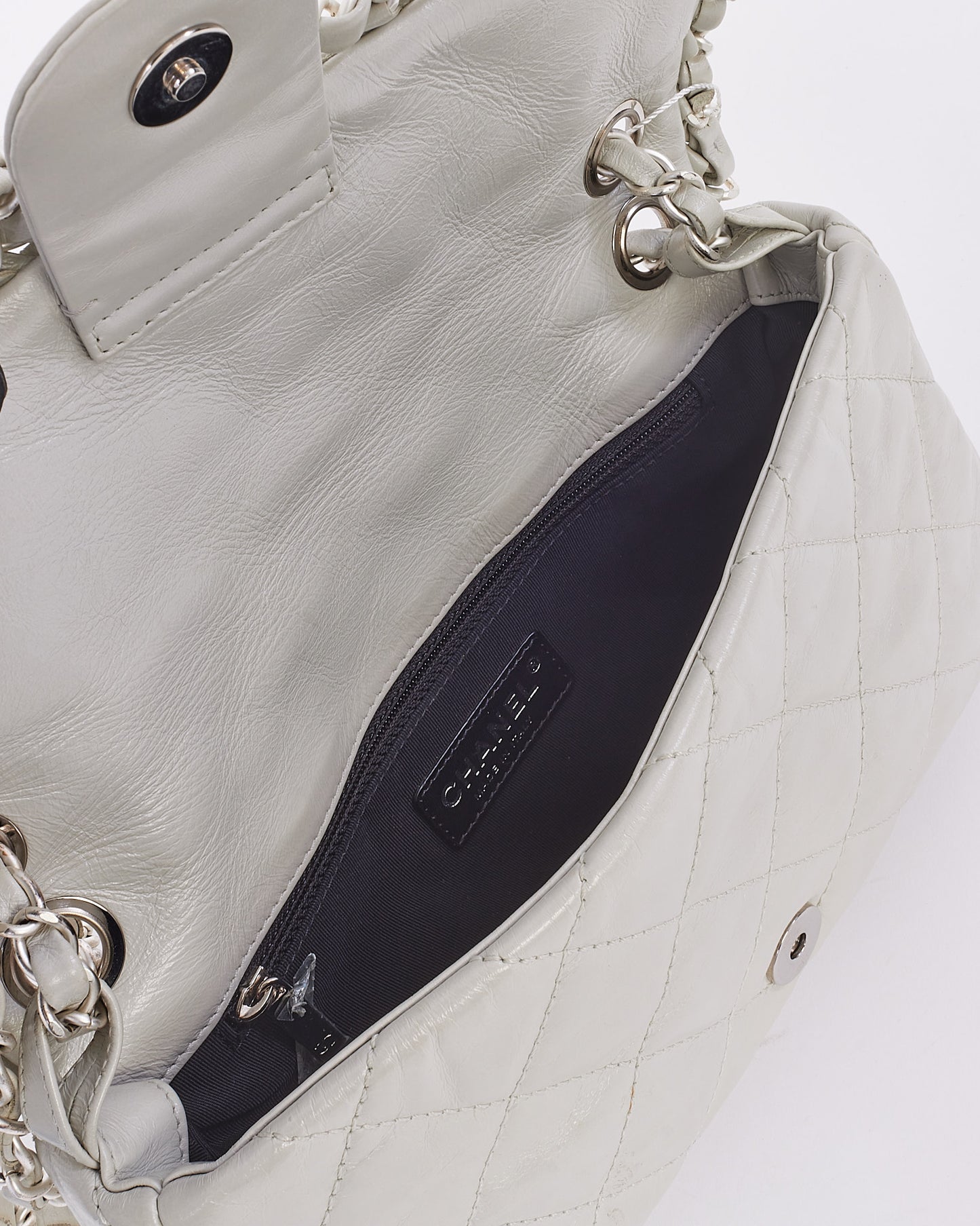 Chanel Light Grey Aged Quilted Lambskin Small Chain Around Single Flap Bag